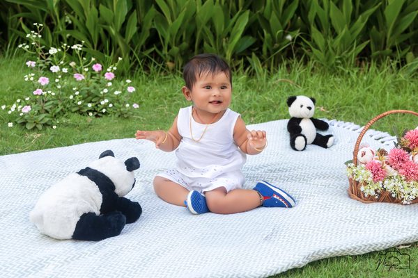 Baby enjoying an outdoor picnic with panda toys